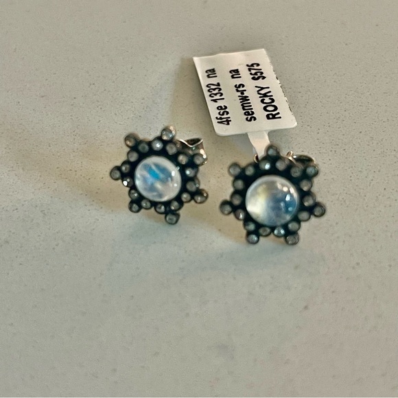 One of a kind Rainbow Moonstone with Diamond Earrings - Picture 2 of 9